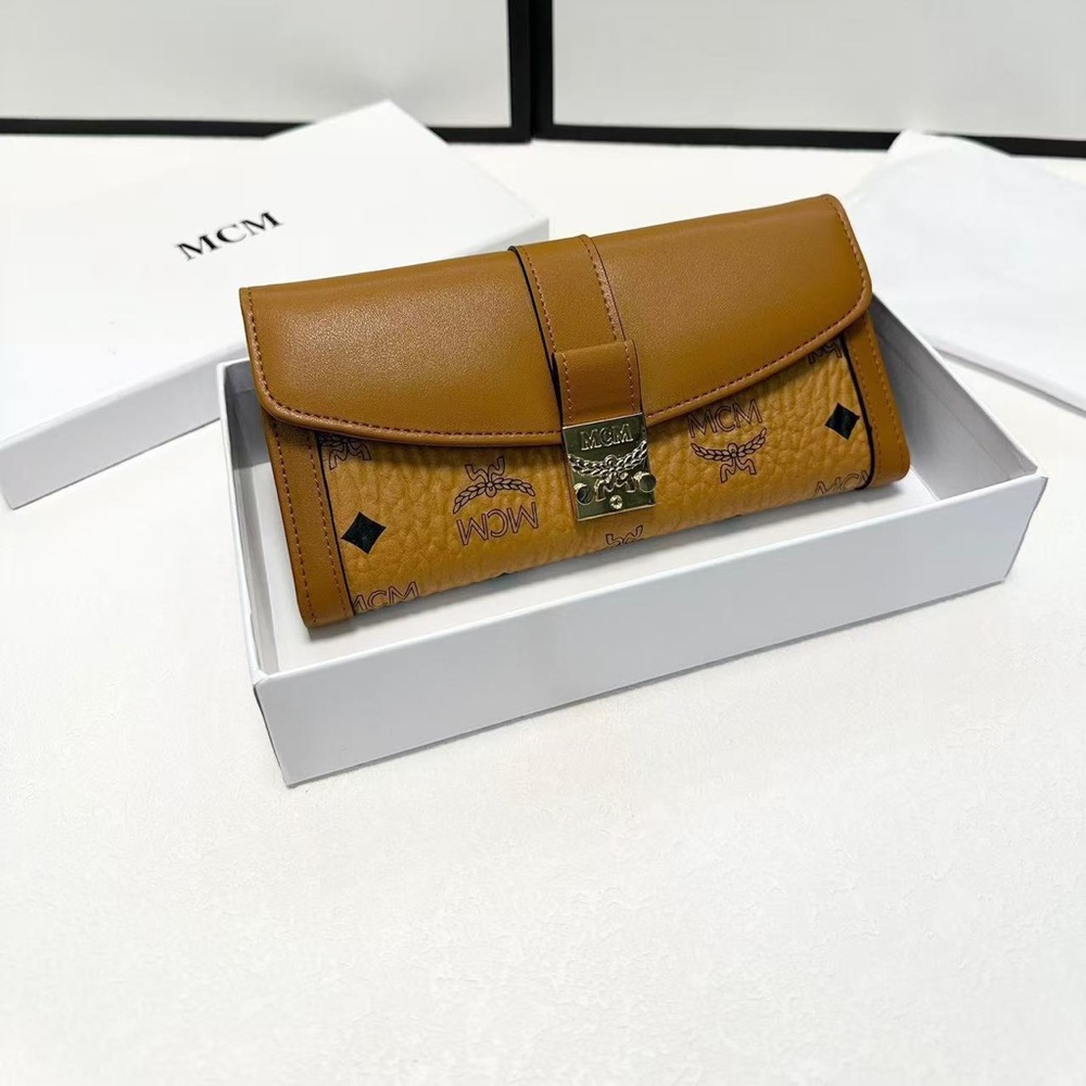 MCM Visetos Cognac Large Flap Long Wallet Gold Logo Lock